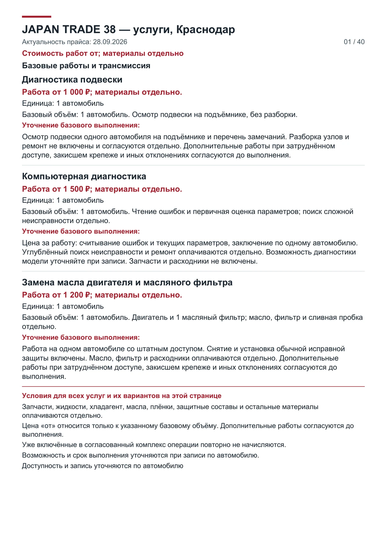 Подготовленный прайс JapanTrade с перечнем услуг